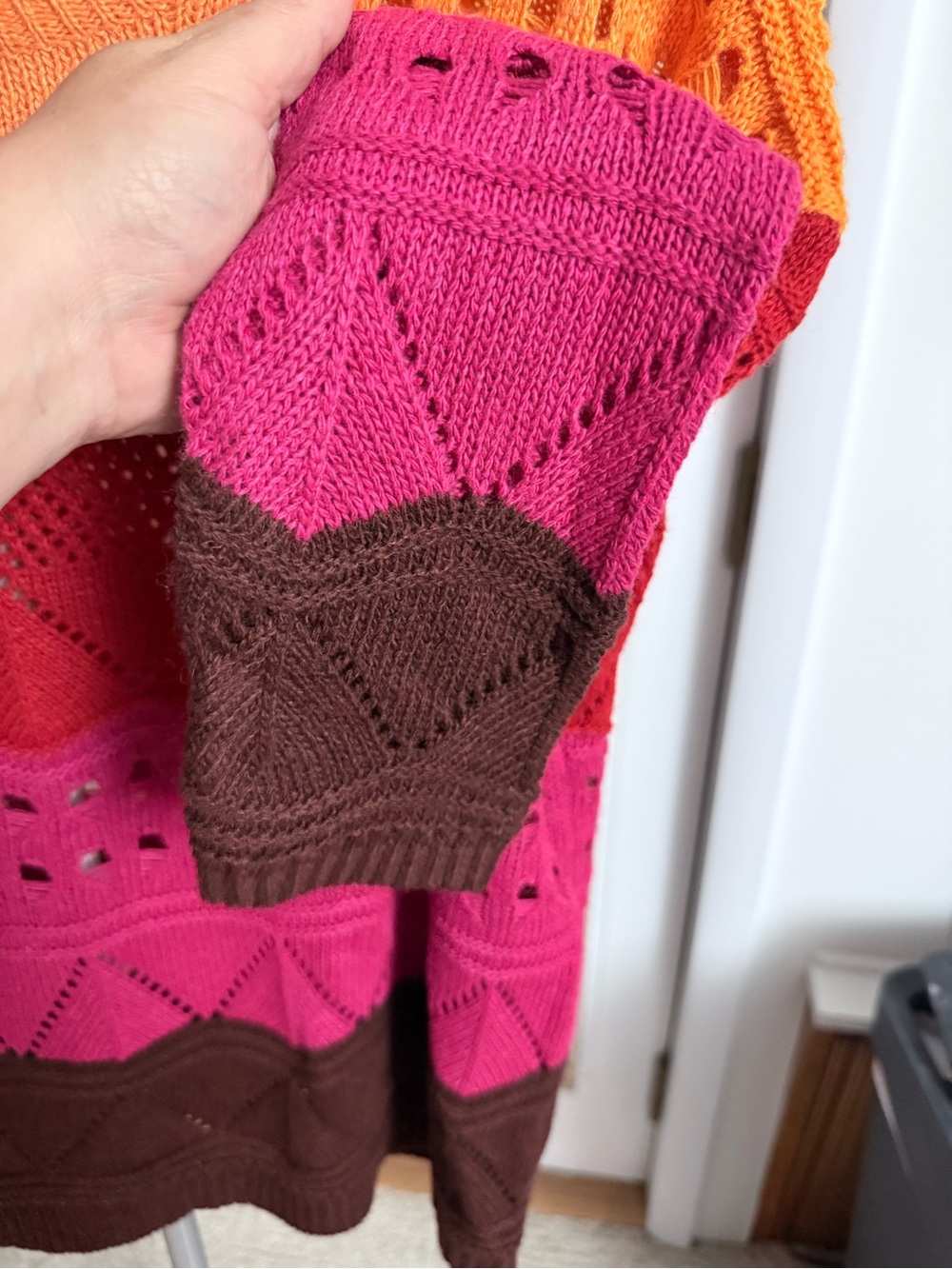 Open-Knit Colorblock Crewneck Sweater in Orange, Pink, Red & Brown Cottagecore - Picture 8 of 10